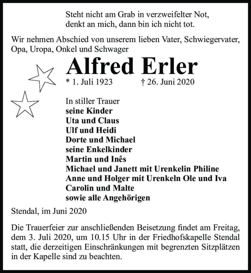  Traueranzeige für Alfred Erler  vom 30.06.2020 aus Magdeburger Volksstimme