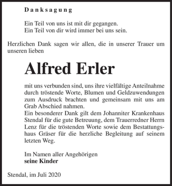 Traueranzeige von Alfred Erler  von Magdeburger Volksstimme