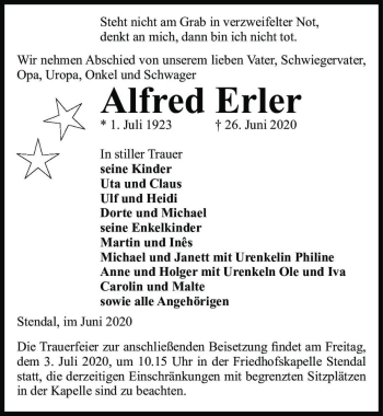 Traueranzeige von Alfred Erler  von Magdeburger Volksstimme