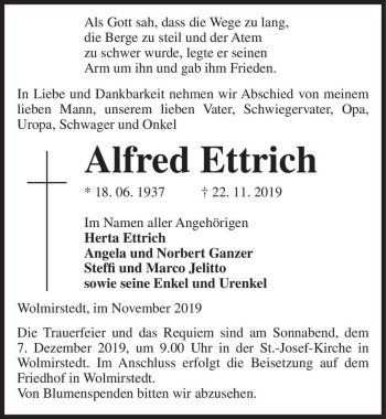 Traueranzeige von Alfred Ettrich  von Magdeburger Volksstimme