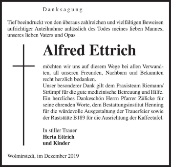 Traueranzeige von Alfred Ettrich  von Magdeburger Volksstimme