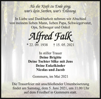 Traueranzeige von Alfred Falk  von Magdeburger Volksstimme