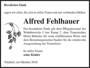 Traueranzeige von Alfred Fehlhauer  von Magdeburger Volksstimme