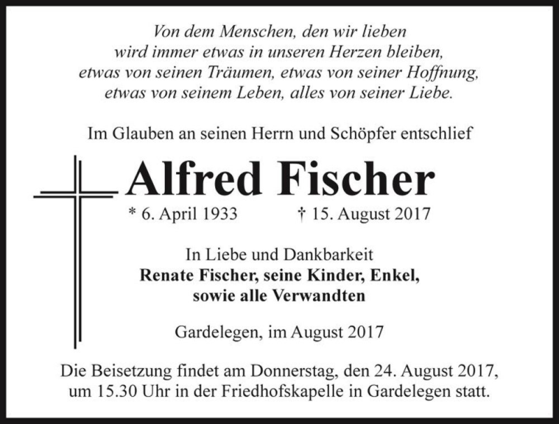  Traueranzeige für Alfred Fischer  vom 18.08.2017 aus Magdeburger Volksstimme