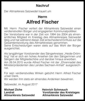 Traueranzeige von Alfred Fischer  von Magdeburger Volksstimme
