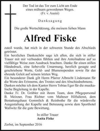 Traueranzeige von Alfred Fiske  von Magdeburger Volksstimme