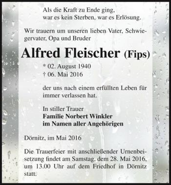 Traueranzeige von Alfred Fleischer (Fips)  von Magdeburger Volksstimme