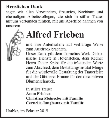 Traueranzeige von Alfred Frieben  von Magdeburger Volksstimme
