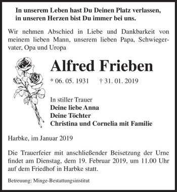 Traueranzeige von Alfred Frieben  von Magdeburger Volksstimme