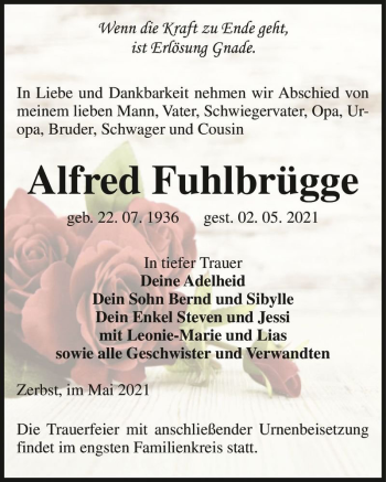 Traueranzeige von Alfred Fuhlbrügge  von Magdeburger Volksstimme