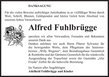 Traueranzeige von Alfred Fuhlbrügge  von Magdeburger Volksstimme
