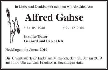 Traueranzeige von Alfred Gahse  von Magdeburger Volksstimme
