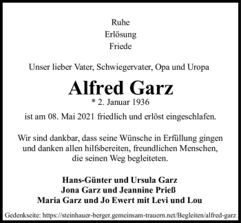 Traueranzeige von Alfred Garz  von Magdeburger Volksstimme
