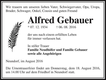 Traueranzeige von Alfred Gebauer  von Magdeburger Volksstimme