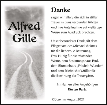 Traueranzeige von Alfred Gille  von Magdeburger Volksstimme