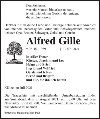 Traueranzeige von Alfred Gille  von Magdeburger Volksstimme