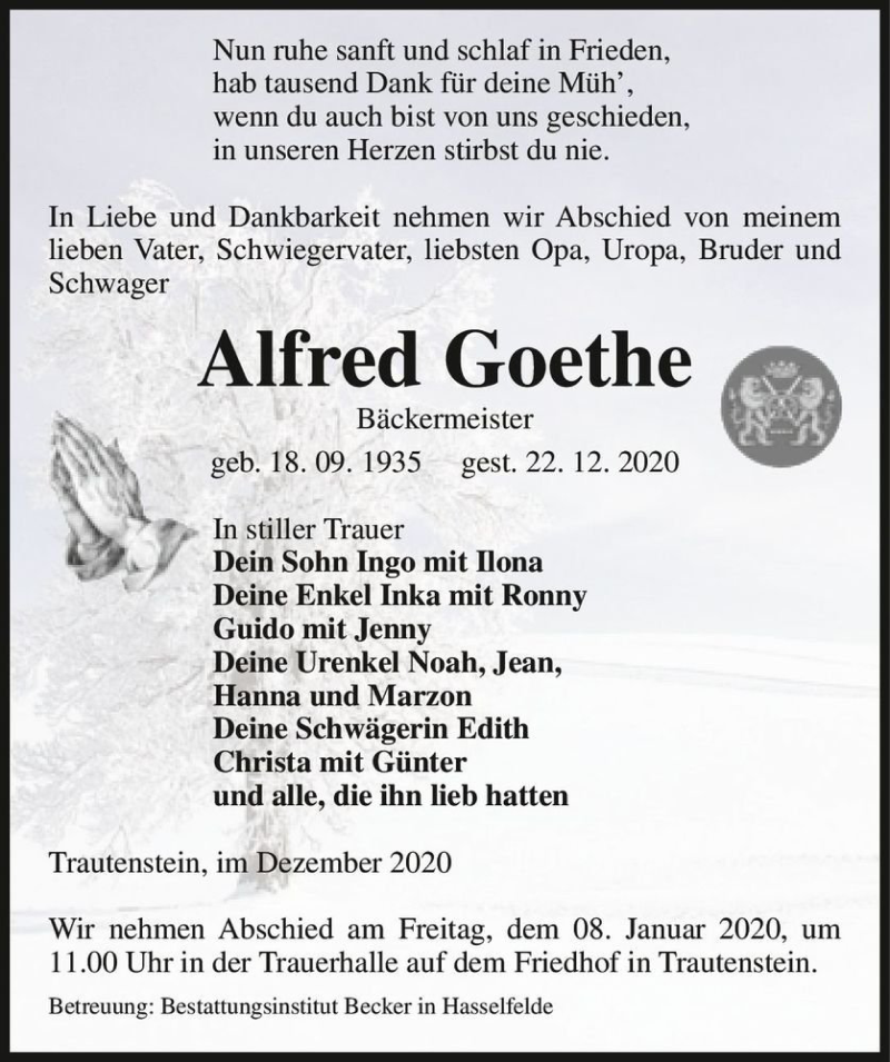  Traueranzeige für Alfred Goethe  vom 30.12.2020 aus Magdeburger Volksstimme