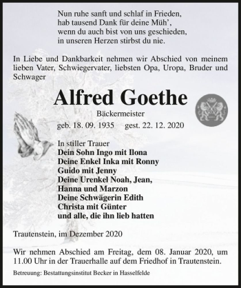 Traueranzeige von Alfred Goethe  von Magdeburger Volksstimme