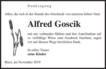Traueranzeige von Alfred Goscik  von Magdeburger Volksstimme