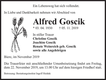 Traueranzeige von Alfred Goscik  von Magdeburger Volksstimme