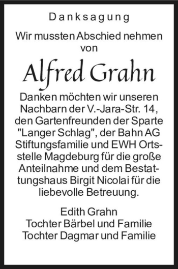 Traueranzeige von Alfred Grahn  von Magdeburger Volksstimme
