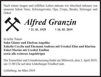 Traueranzeige von Alfred Granzin  von Magdeburger Volksstimme