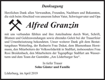 Traueranzeige von Alfred Granzin  von Magdeburger Volksstimme