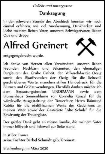 Traueranzeige von Alfred Greinert  von Magdeburger Volksstimme