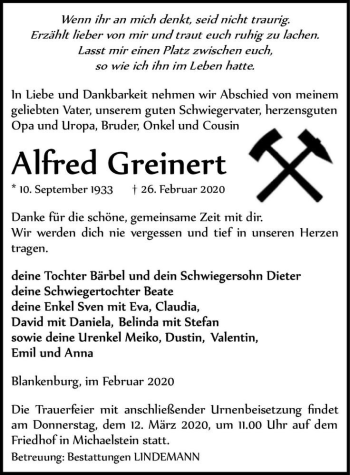 Traueranzeige von Alfred Greinert  von Magdeburger Volksstimme