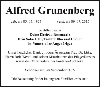 Traueranzeige von Alfred Grunenberg  von Magdeburger Volksstimme