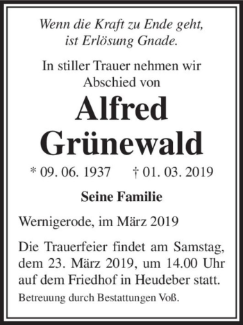 Traueranzeige von Alfred Grünewald  von Magdeburger Volksstimme