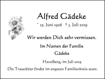 Traueranzeige von Alfred Gädeke  von Magdeburger Volksstimme
