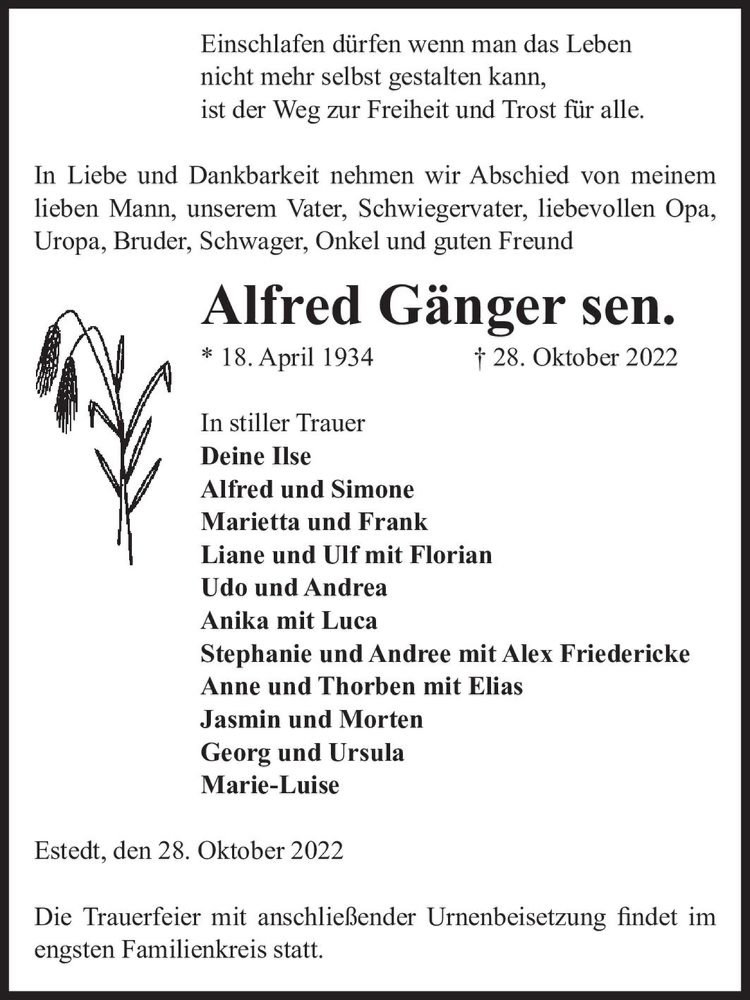  Traueranzeige für Alfred Gänger  vom 05.11.2022 aus Magdeburger Volksstimme