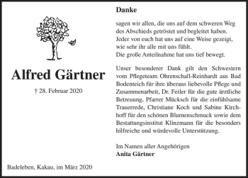 Traueranzeige von Alfred Gärtner  von Magdeburger Volksstimme