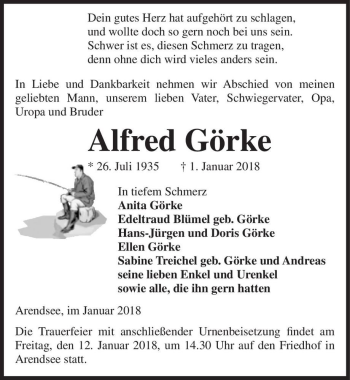 Traueranzeige von Alfred Görke  von Magdeburger Volksstimme
