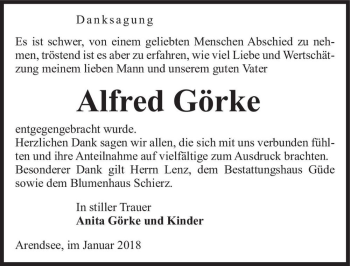 Traueranzeige von Alfred Görke  von Magdeburger Volksstimme