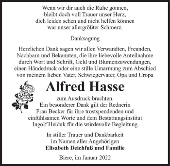 Traueranzeige von Alfred Hasse  von Magdeburger Volksstimme
