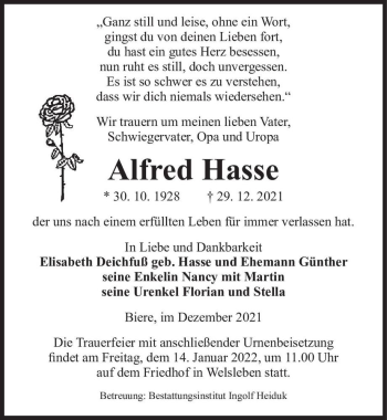 Traueranzeige von Alfred Hasse  von Magdeburger Volksstimme