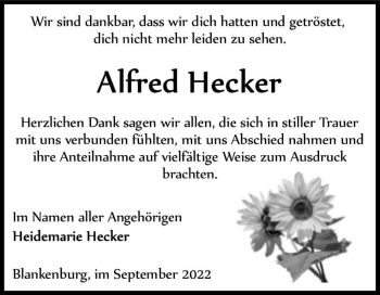 Traueranzeige von Alfred Hecker  von Magdeburger Volksstimme