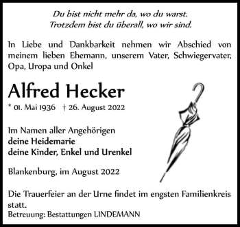 Traueranzeige von Alfred Hecker  von Magdeburger Volksstimme