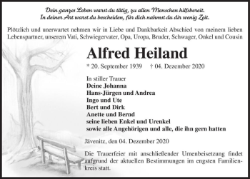 Traueranzeige von Alfred Heiland  von Magdeburger Volksstimme