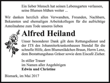 Traueranzeige von Alfred Heiland  von Magdeburger Volksstimme