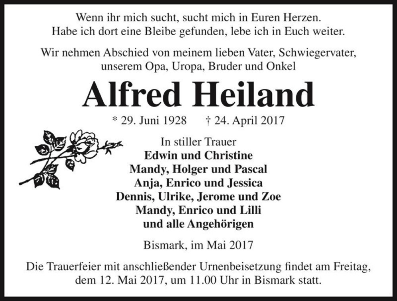  Traueranzeige für Alfred Heiland  vom 05.05.2017 aus Magdeburger Volksstimme