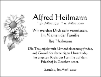 Traueranzeige von Alfred Heilmann  von Magdeburger Volksstimme