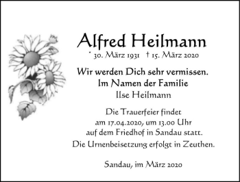 Traueranzeige von Alfred Heilmann  von Magdeburger Volksstimme