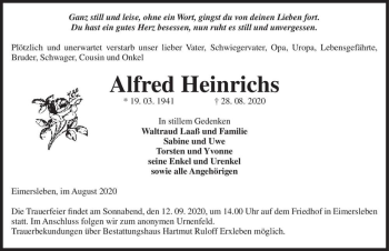 Traueranzeige von Alfred Heinrichs  von Magdeburger Volksstimme