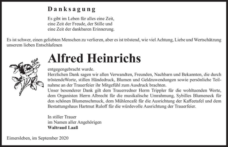  Traueranzeige für Alfred Heinrichs  vom 19.09.2020 aus Magdeburger Volksstimme