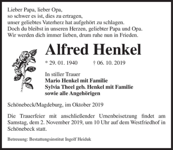 Traueranzeige von Alfred Henkel  von Magdeburger Volksstimme
