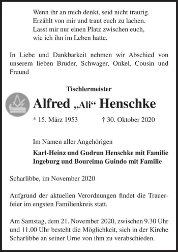Traueranzeige von Alfred Henschke  von Magdeburger Volksstimme