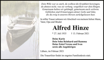 Traueranzeige von Alfred Hinze  von Magdeburger Volksstimme